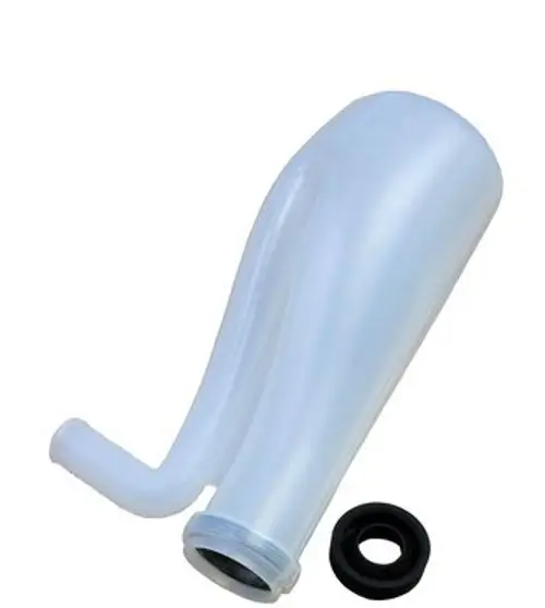 Transparenter Siphon von Bosch mit geschwungener Form und einem grauen Dichtungsring. Ideal für flexible Installationen in Rohrsystemen.